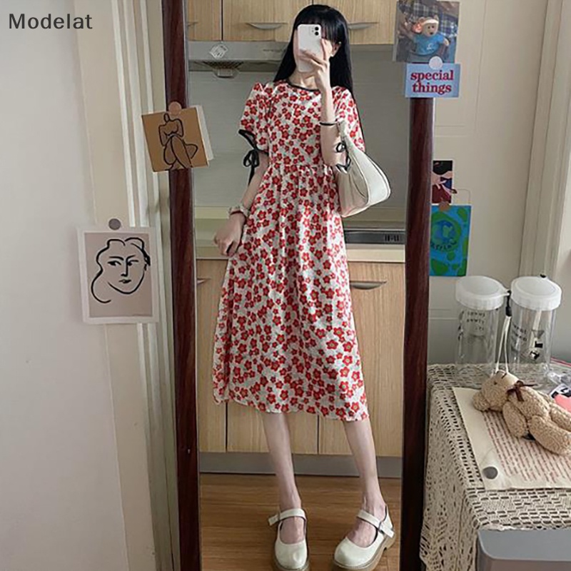 Đầm Dài Cổ Tròn Tay Ngắn In Họa Tiết Hoa Thời Trang Mùa Hè Cho Nữ