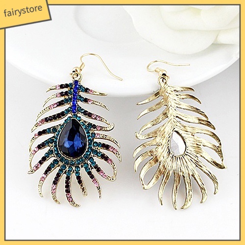 1 Cặp Bông Tai Hình Lông Công Đính Đá Phong Cách Retro Dành Cho Nữ