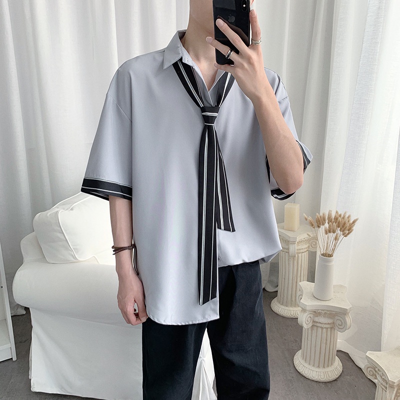 Áo Sơ Mi Tay Lửng Dáng Rộng Thời Trang Mùa Hè Hàn Quốc Dành Cho Nam