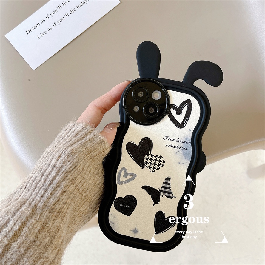 Ear CaseỐp Điện Thoại TPU Mềm Họa Tiết Trái Tim Màu Đen Cá Tính Cho IPhone 14 13 12 11 Pro Max X XR Xs Max