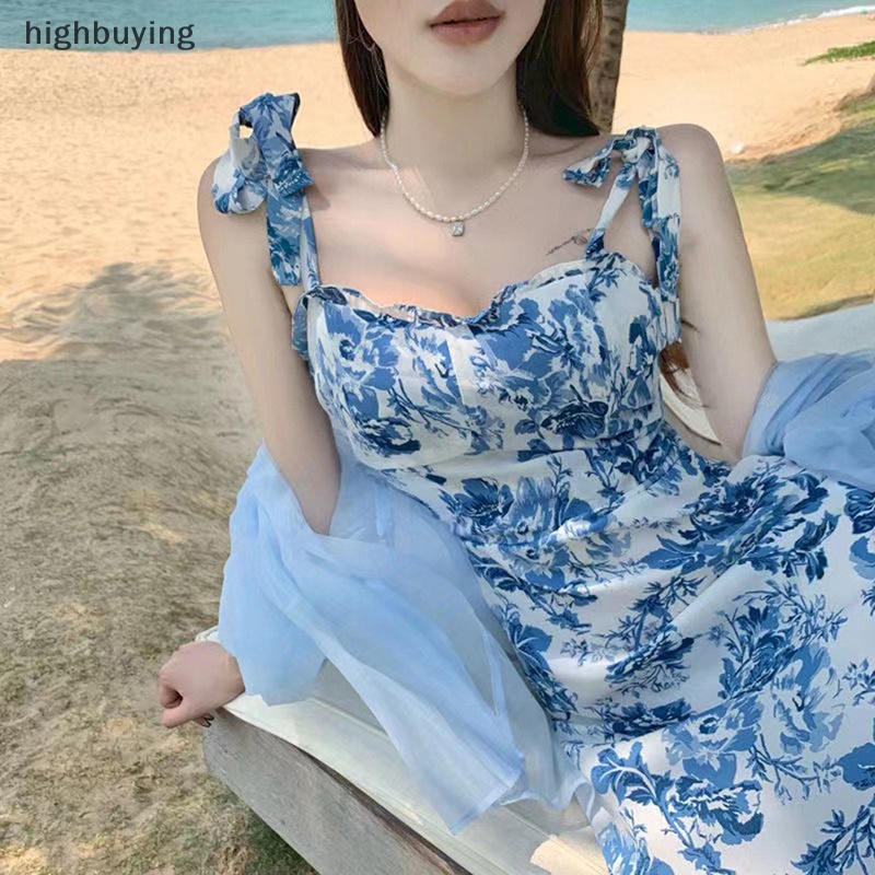 Đầm Chữ A Không Tay Cổ Thắt Nơ Hở Lưng Họa Tiết Hoa Vintage Mùa Hè 2023 Cho Nữ