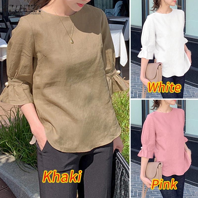Zanzea Áo Thun Nữ Tay Lửng Cổ Tròn Màu Trơn Phong Cách Hàn Quốc
