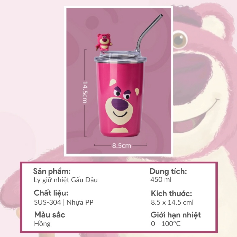 Ly Giữ Nhiệt Gấu Dâu 450ml, Cốc Giữ Nhiệt Gấu Hồng, Cốc Losto Kèm Ống Hút Inox Xinh Xắn
