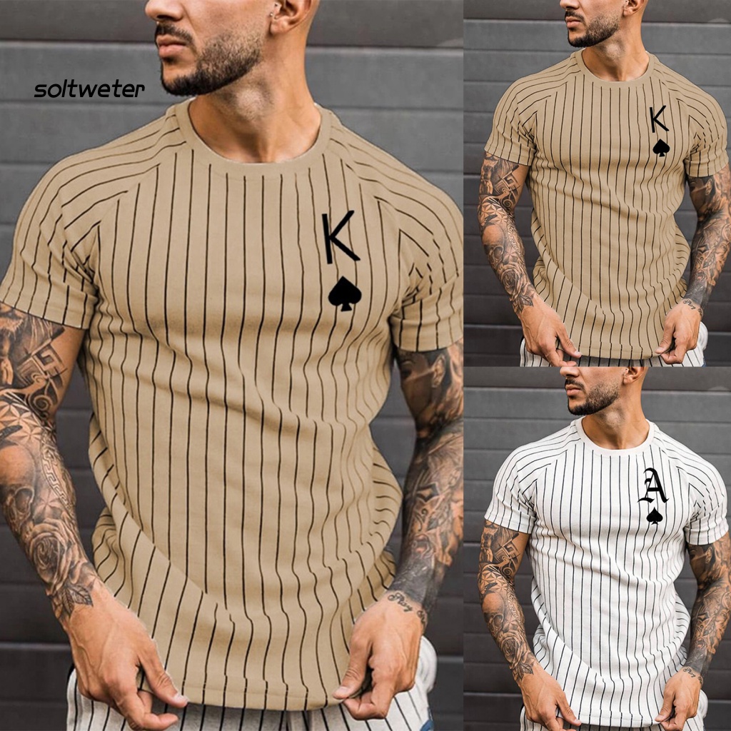 Áo Thun Tay Ngắn Dáng Ôm In Hình Lá Bài Poker Kẻ Sọc Dọc Trẻ Trung Cho Nam