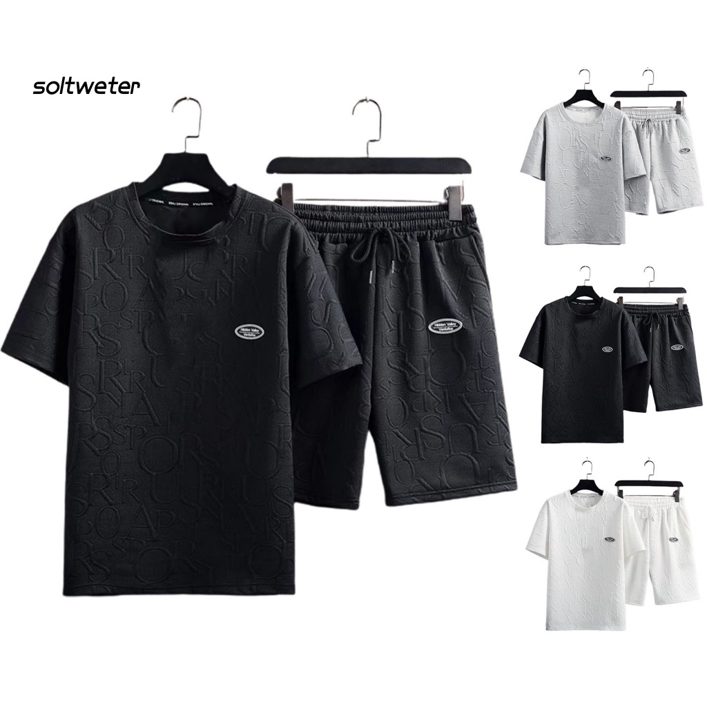 Bộ Trang Phục 2 Mảnh Gồm Áo Thun Tay Cộc Cổ Tròn Màu Sắc Đơn Giản Và Quần Short Dây Rút Thời Trang Cho Nam