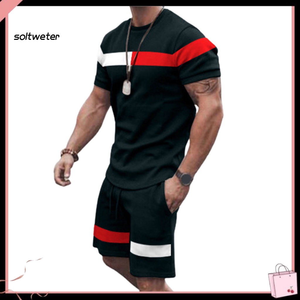 Bộ Đồ Thể Thao 2 Món Áo Thun Cổ Tròn Phối Quần Short Lưng Thun Màu Sắc Tương Phản Thời Trang Mùa Hè Cho Nam