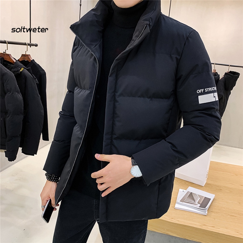 Áo Khoác Phao Cotton Màu Trơn Cổ Đứng Chống Lạnh Thêu Chữ Phong Cách Hàn Quốc Cho Nam