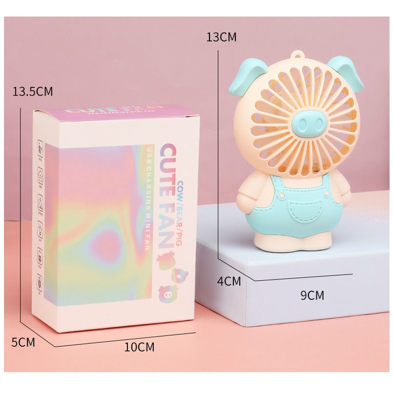 Quạt Mini Cầm Tay Dạ Quang Sạc Pin Kiểu Hoạt Hình Heo Dễ Thương