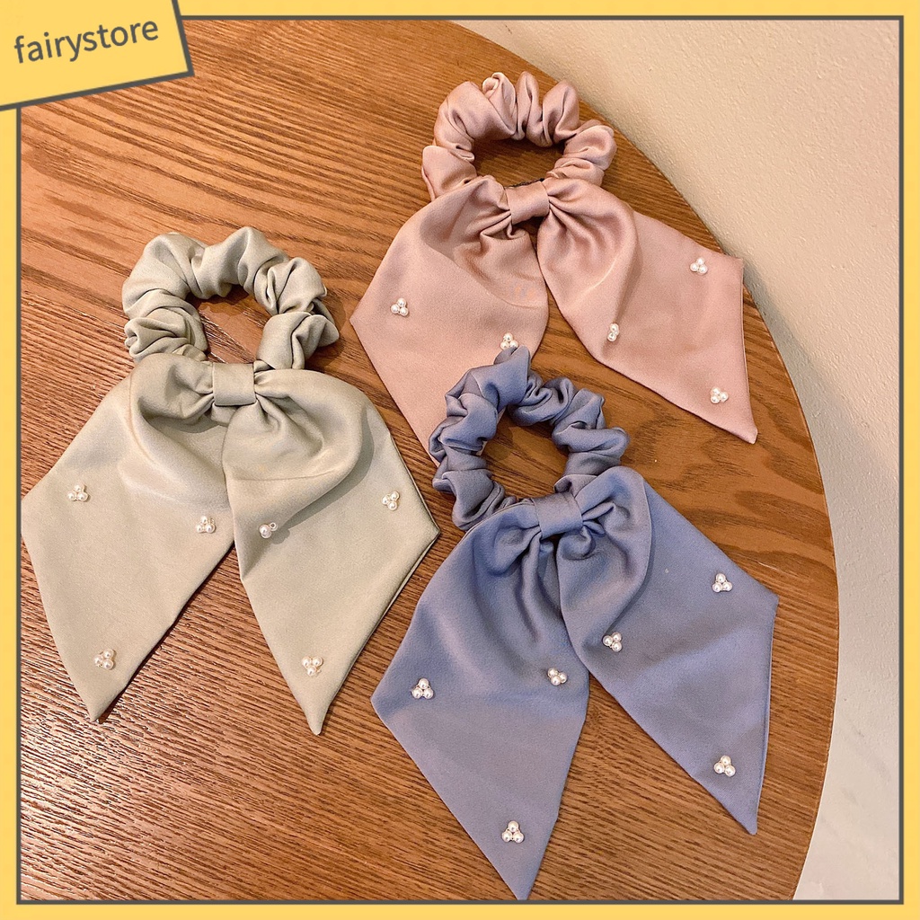 Dây Cột Tóc Đính Nơ Ruy Băng Và Ngọc Trai Giả Mini Thanh Lịch Cho Nữ