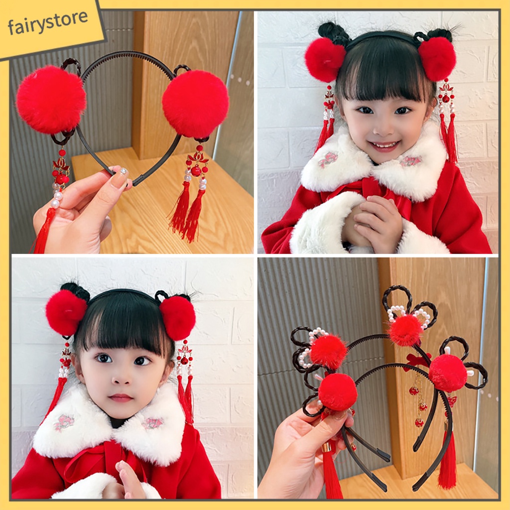 Băng Đô Nơ Đính Ngọc Trai Co Giãn Phối Bóng Lông Tua Rua Phong Cách Trung Hoa Mừng Năm Mới Cho Bé Gái