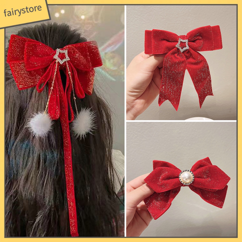 Kẹp Tóc Nơ Đính Ngọc Trai Giả Lấp Lánh Chống Trượt Trang Trí Năm Mới