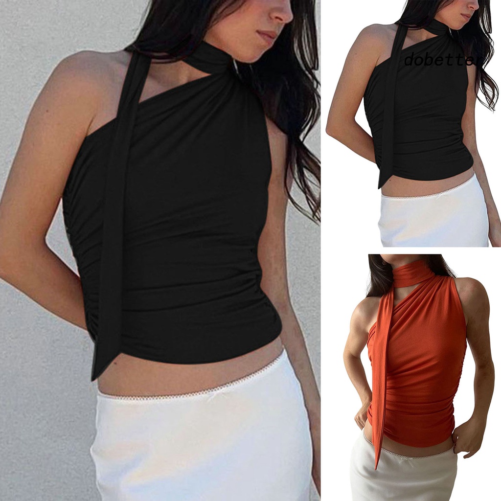 [DO] Áo Crop Top Không Tay Lệch Vai Ôm Dáng Màu Trơn Phối Ruy Băng Gợi Cảm Cho Nữ