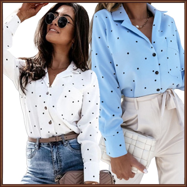 Áo Sơ Mi Dài Tay Họa Tiết Chấm Bi Thanh Lịch Cho Nữ
