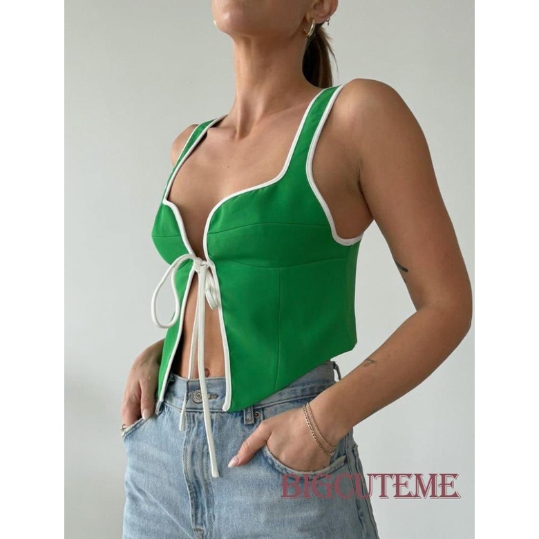 [] - Áo Crop Top Không Tay Cột Dây Phía Trước Ôm Dáng Màu Sắc Tương Phản Thời Trang Mùa Hè
