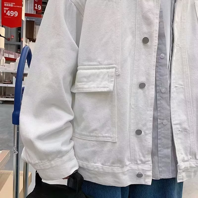 Áo Khoác Denim Màu Đen Dáng Rộng Phong Cách Retro Nhật Hàn Thời Trang Xuân Thu Cho Nam Giới