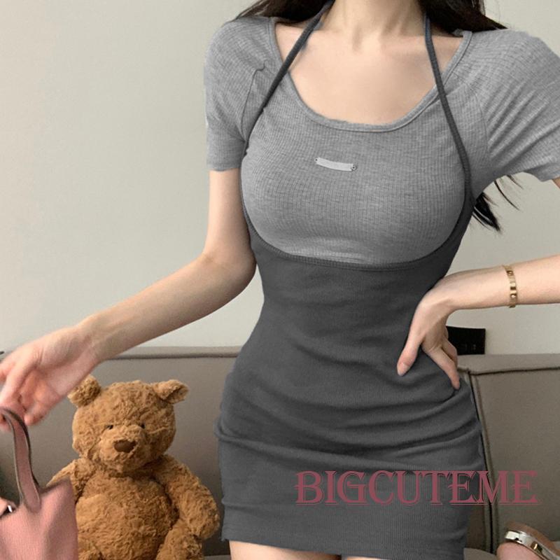 [] - Đầm Ngắn Tay Ôm Dáng Hở Lưng Phối Màu Tương Phản Thời Trang Mùa Hè Cho Nữ