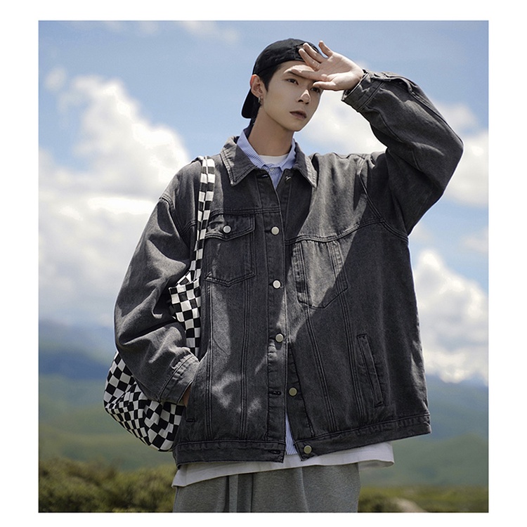 Áo Khoác Denim Phối Túi Kiểu Retro Đường Phố Nhật Bản Thời Trang Xuân Thu Cho Nam