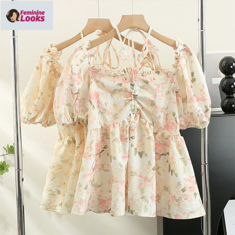 Áo Kiểu Tay Phồng Trễ Vai Phối Ren Họa Tiết Hoa Phong Cách Pháp