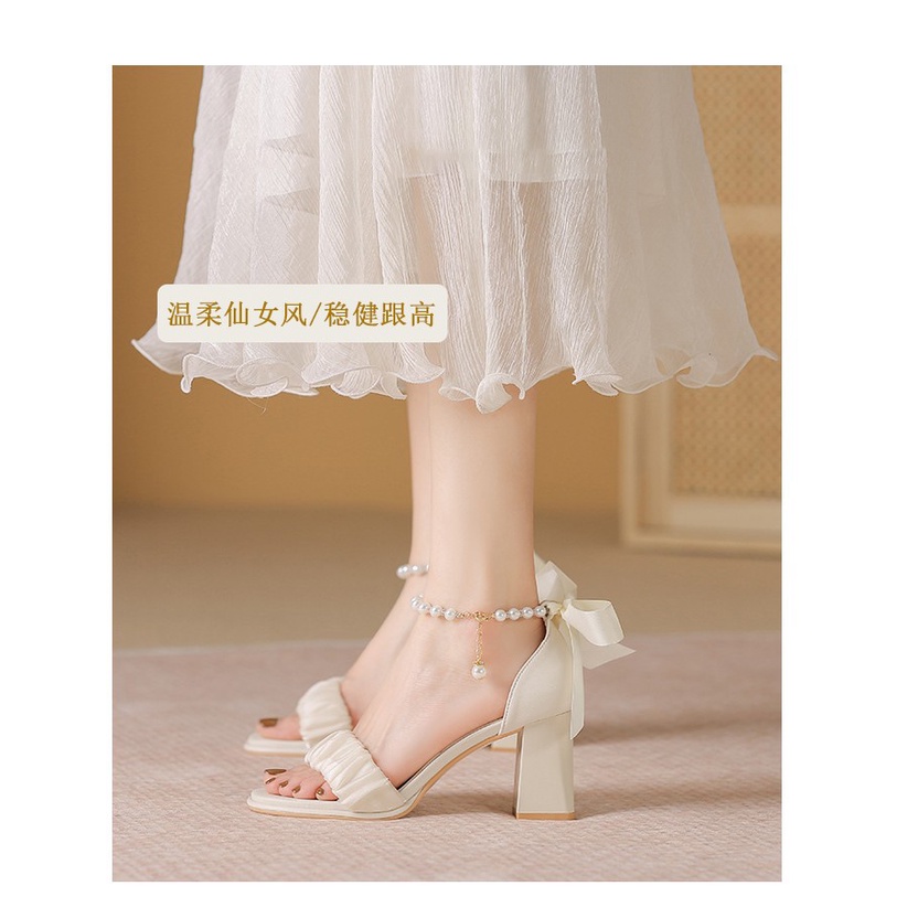 Duoya Tóc Thẳng ~ [Hàng Có Sẵn] Giày Sandal Cao Gót Thô Đính Nơ Vừa Vặn Dễ Phối Đồ Cho Nữ