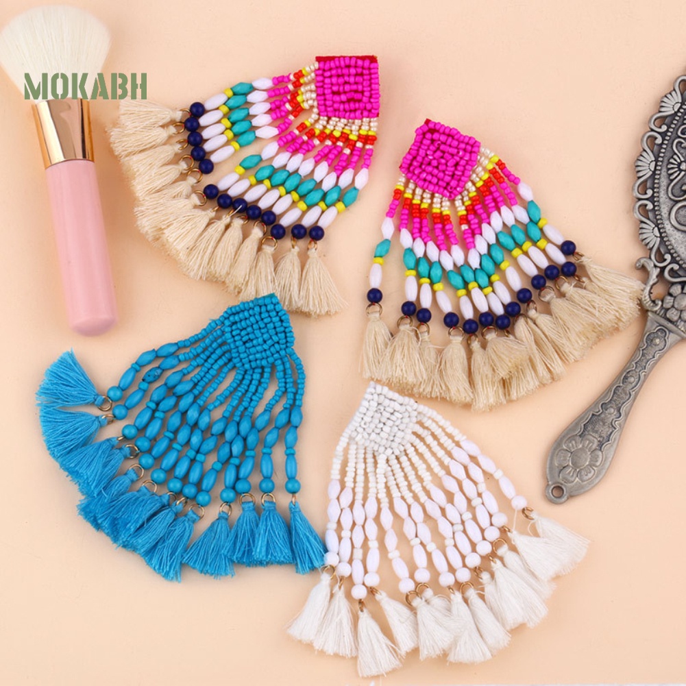 [Mok Abh] Bông Tai Tròn Đính Hạt Tua Rua Theo Phong Cách Du Mục