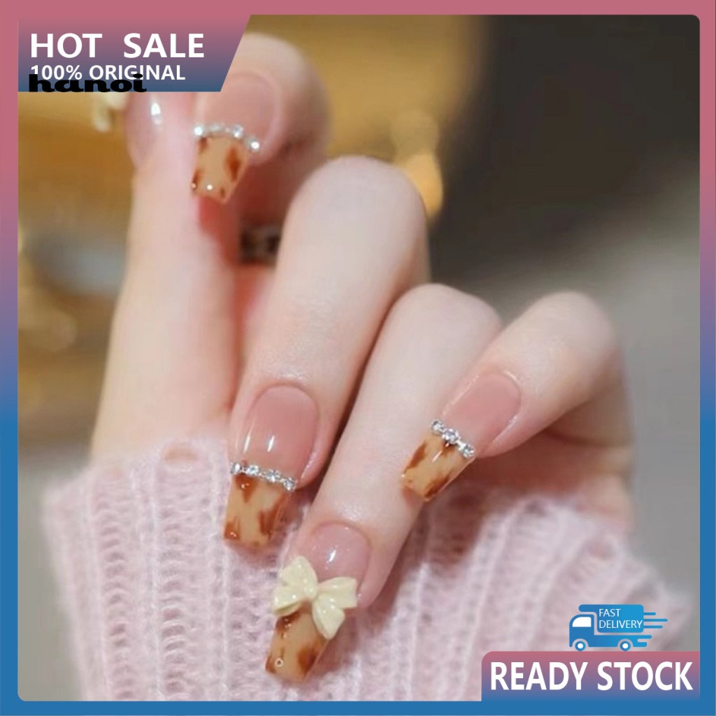 1 Bộ Móng Tay Giả Hình Nơ Da Báo Đính Đá Lấp Lánh Dễ Tẩy Trang Diy