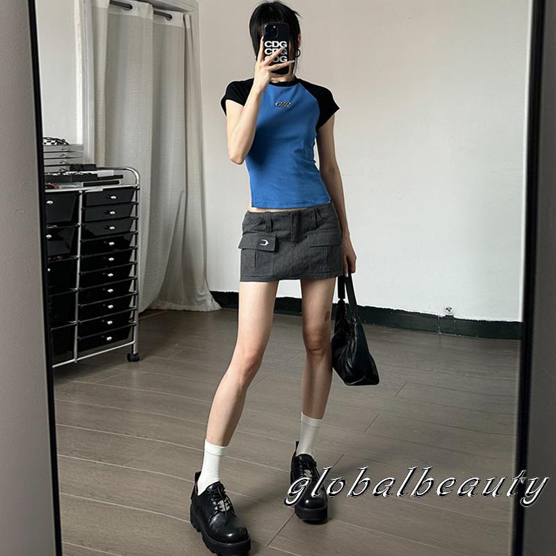 Áo Thun Croptop Ngắn Tay Cổ Tròn Màu Sắc Tương Phản Thời Trang Xuân Hè