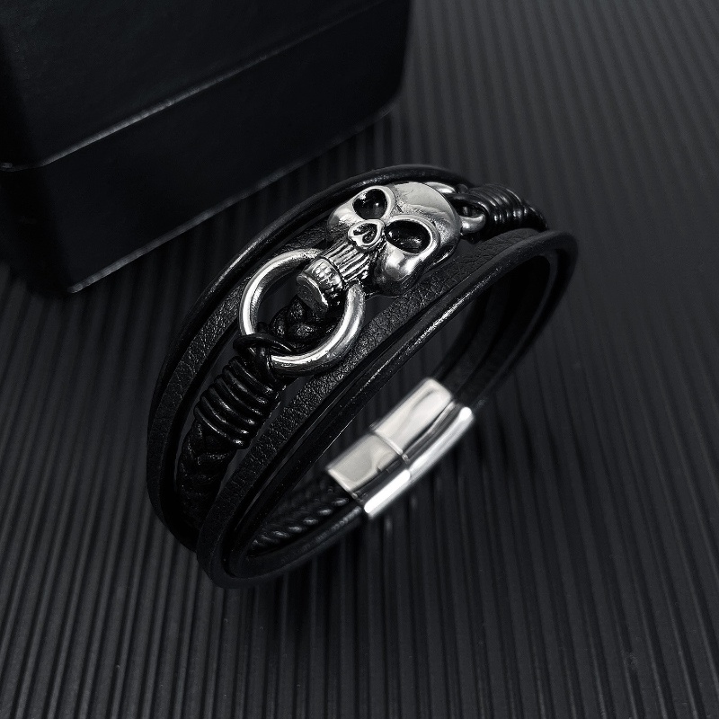 Z Vòng Tay Da Nhiều Lớp Phối Mặt Hình Đầu Lâu Bằng Thép Không Gỉ Cá Tính Cho Nam