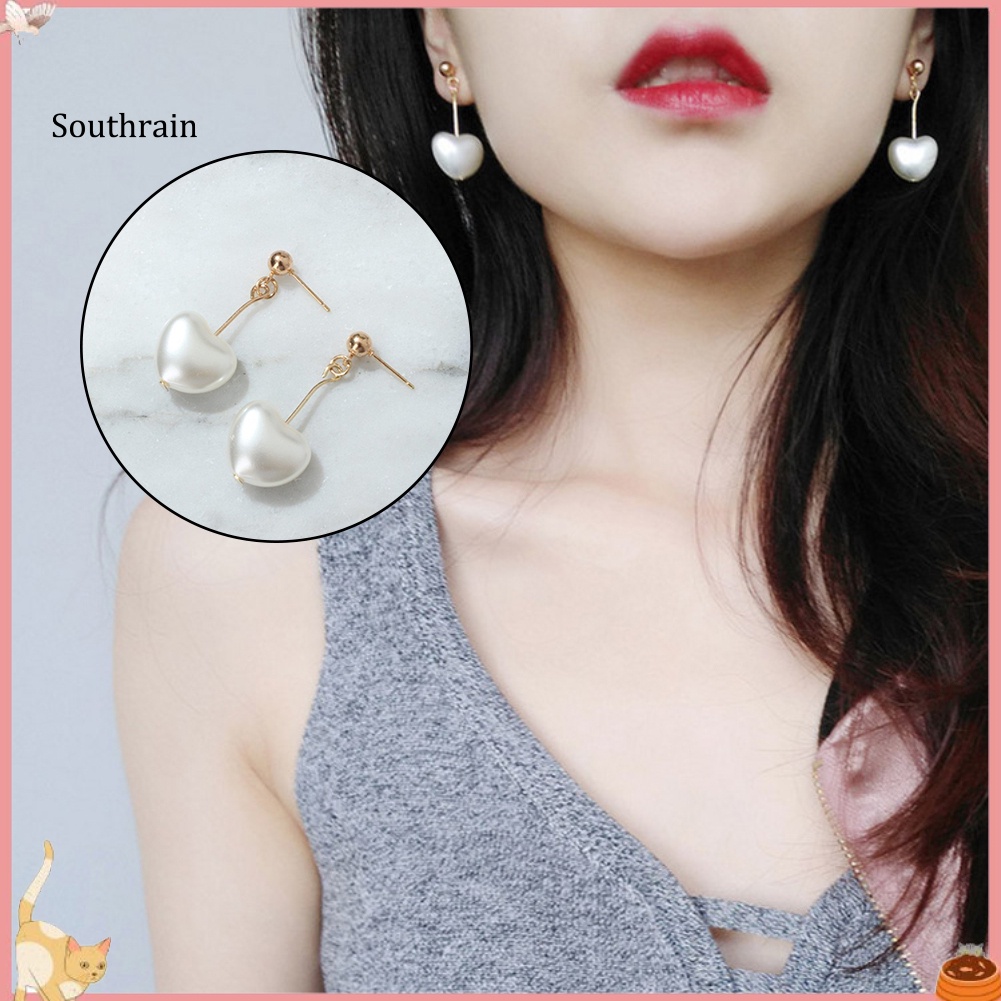 Bông Tai Hình Trái Tim Đính Ngọc Trai Nhân Tạo Thời Trang Dành Cho Nữ