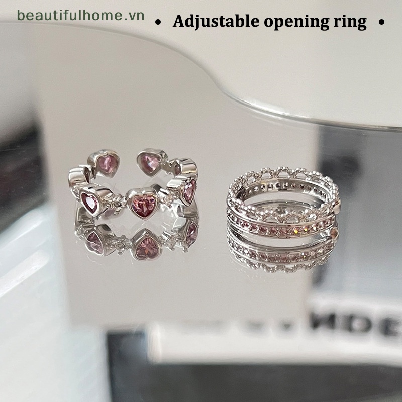 [beautifulhome] Nhẫn Đính Đá Zircon Hình Trái Tim / Hình Học Tối Giản Có Thể Điều Chỉnh Trang Sức Dự Tiệc Tối Giản Cá Tính [