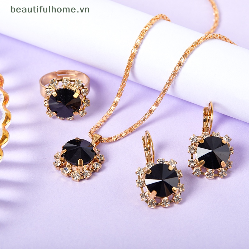 1 Set Vòng cổ + Nhẫn + Bông Tai Pha Lê Tròn Nhiều Màu Thời Trang Hàn Quốc Cho Nữ