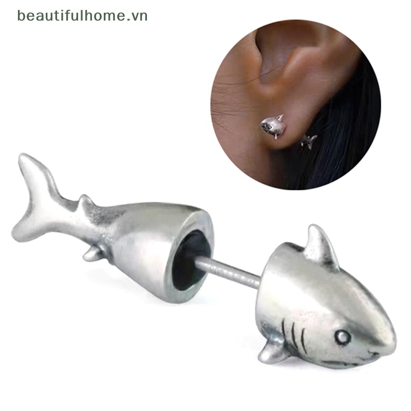 1 Khuyên Xỏ Tai Hình Cá Mập Bằng Bạc Phong Cách Punk Hip Hop Cổ Điển Cho Nam Và Nữ
