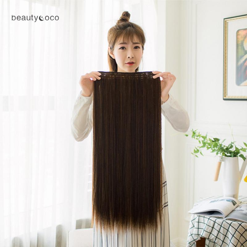 Beautycoco🍊Tóc giả dáng thẳng dài có 5 kẹp giữ màu đen/ nâu thời trang 60cm-hình thật