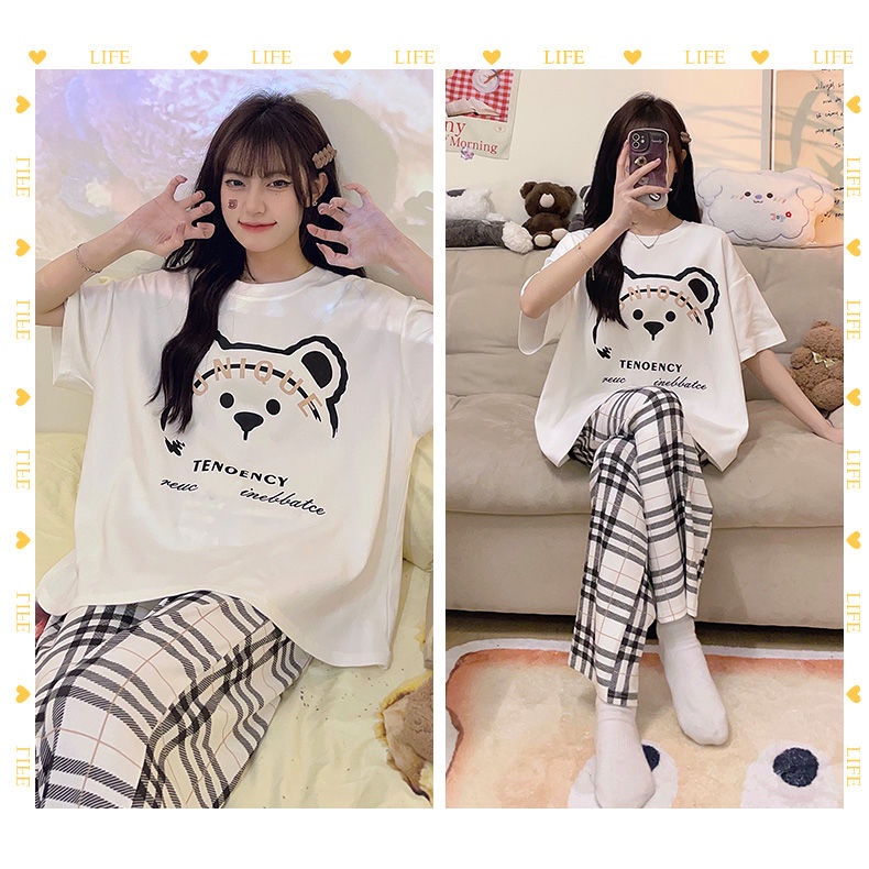 Bộ Đồ Ngủ Tay Ngắn Cổ Tròn Họa Tiết Sọc Caro In Hình Gấu Dễ Thương Thời Trang Mùa Hè Cho Nữ