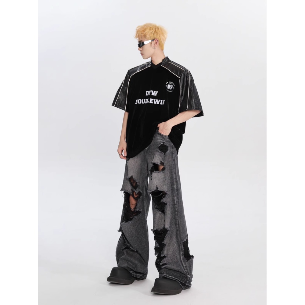 Quần Jean Rách Ống Rộng Màu Đen Phong Cách Retro Mỹ Cá Tính Cho Nam