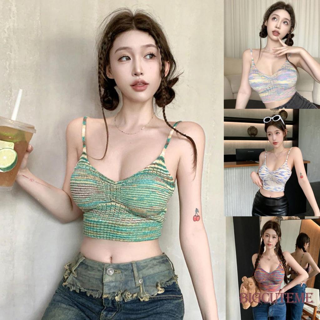 [] - Áo Croptop Dệt Kim Hai Dây Có Đệm Co Giãn Cổ Chữ V Kẻ Sọc Nhiều Màu Mùa Hè Cho Nữ Đi Câu Lạc Bộ Đường Phố