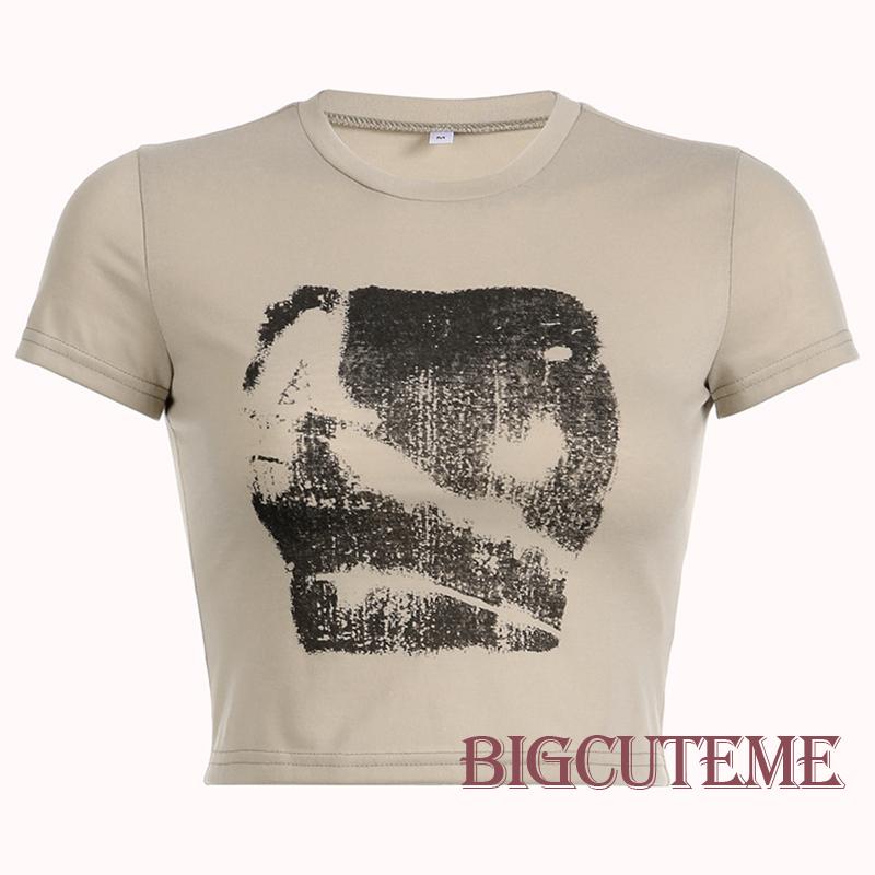 [] Áo Thun Ngắn Tay Cổ Tròn In Họa Tiết Trừu Tượng Ôm Dáng Phong Cách Đường Phố Thời Trang Mùa Hè Cho Nữ