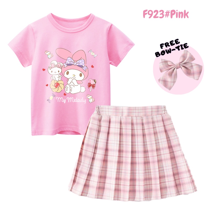 Bộ 2 Món Áo Thun 100% Cotton + Chân Váy Sọc Ca Rô Đính Nơ Hoạt Hình Melody Và Kuromi Duyên Dáng Cho Bé Gái