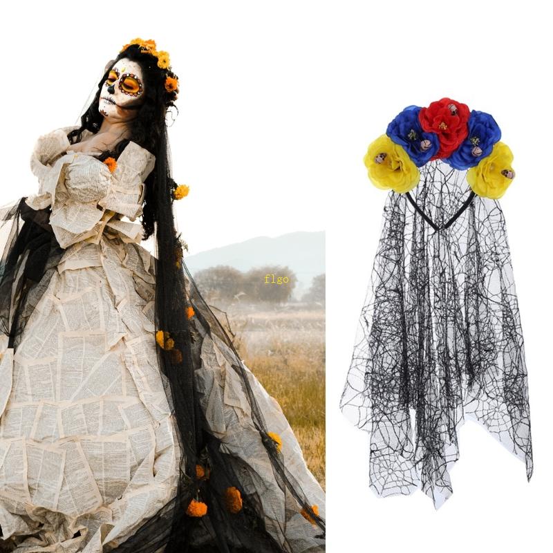 Flgo Băng Đô Cài Tóc Hình Mạng Che Mặt Đầu Lâu Hoa Hồng Hóa Trang Halloween