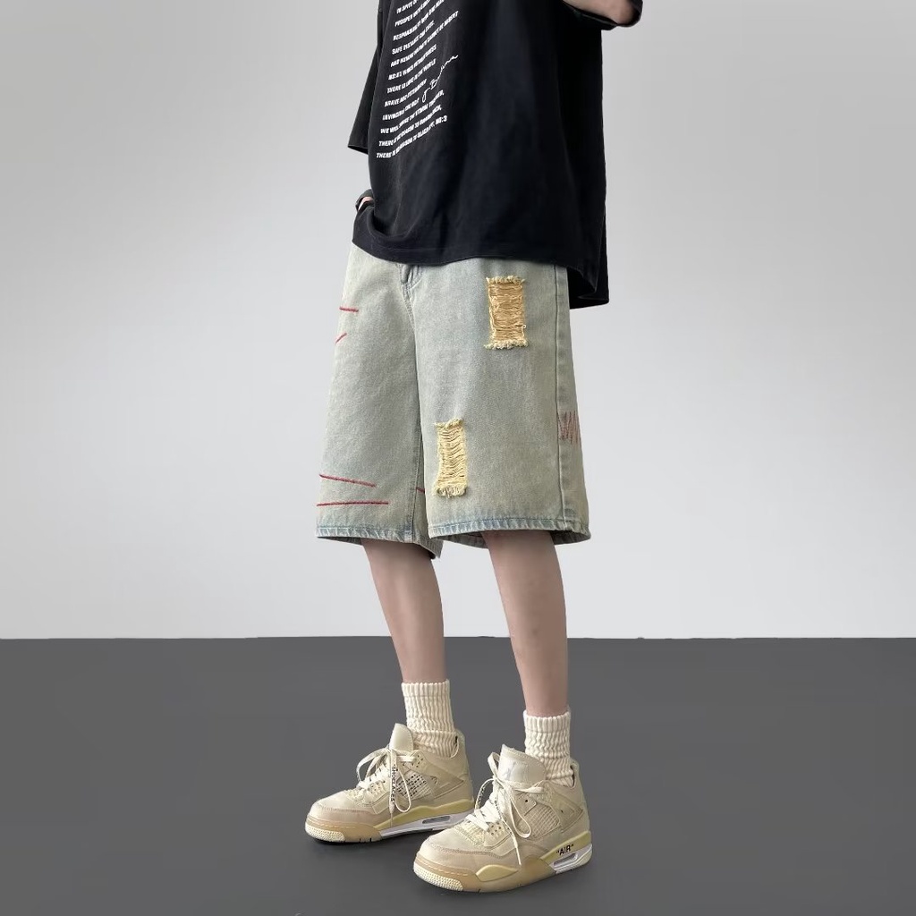 Quần Short Denim Rách Màu Vàng Phong Cách Retro Mỹ Cá Tính Cho Nam