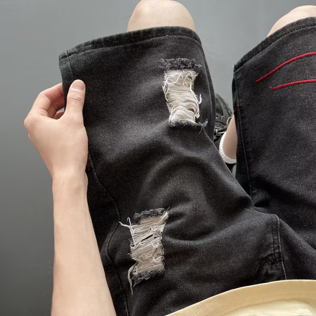 Quần Short Denim Rách Màu Vàng Phong Cách Retro Mỹ Cá Tính Cho Nam