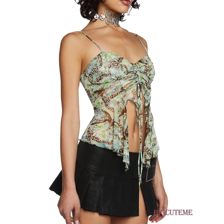Áo Croptop Sát Nách Hở Lưng Phối Dây Rút In Họa Tiết Bướm Thời Trang Mùa Hè Cho Nữ