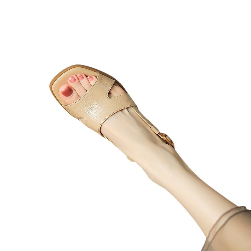 Duoya Tóc Thẳng ~ [Hàng Có Sẵn] Giày Sandal Cao Gót Đế Dày Mũi Vuông Bằng Da Mềm Màu Trắng Phong Cách La Mã Dễ Phối Đồ Mùa Hè Cho Nữ