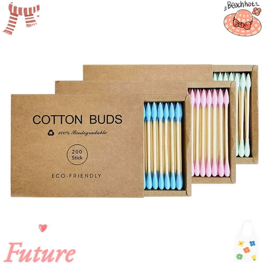 Set 200 Bông Tăm Cotton Cán Gỗ Trơn Chất Lượng Cao