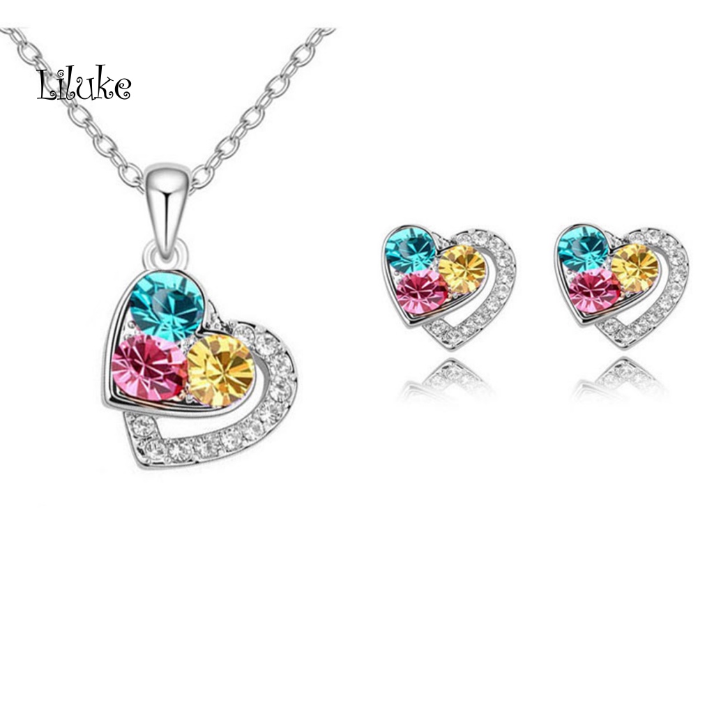 1 Bộ Vòng cổ Và Đôi Khuyên Tai Hình Trái Tim Đính Đá Thời Trang Cho Nữ