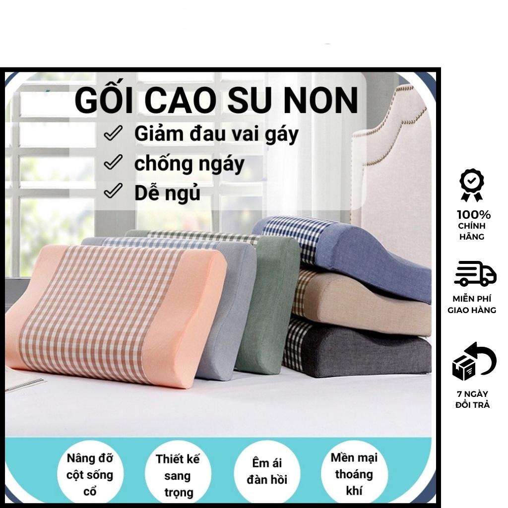 Gối cao su non người lớn Huyenmi Bedding, chống đau vai gáy, ngáy ngủ kích thước 30x50cm, kèm vỏ gối kẻ sọc sang trọng.