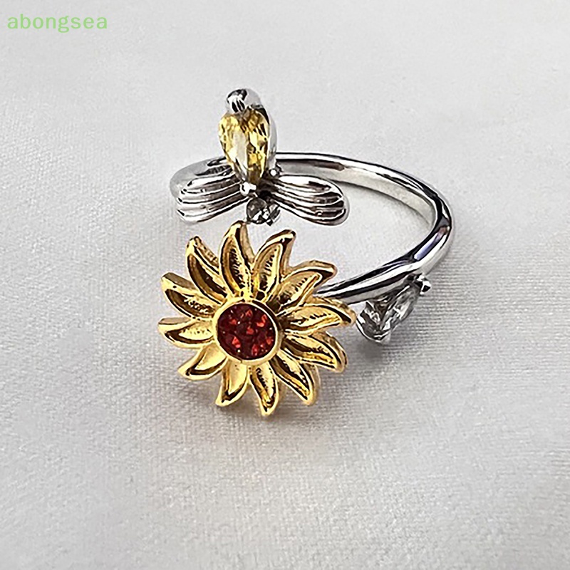 Nhẫn Đồng Đính Đá Zircon Giải Tỏa Căng Thẳng Hình Hoa Hướng Dương Ong Xoay Điều Chỉnh Được Thời Trang Cho Nữ
