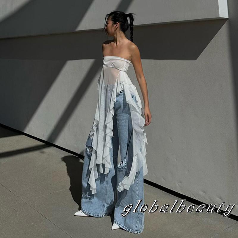 Áo Ống Nhún Bèo Hở Lưng Phối Tua Rua Phong Cách Đường Phố Cho Nữ