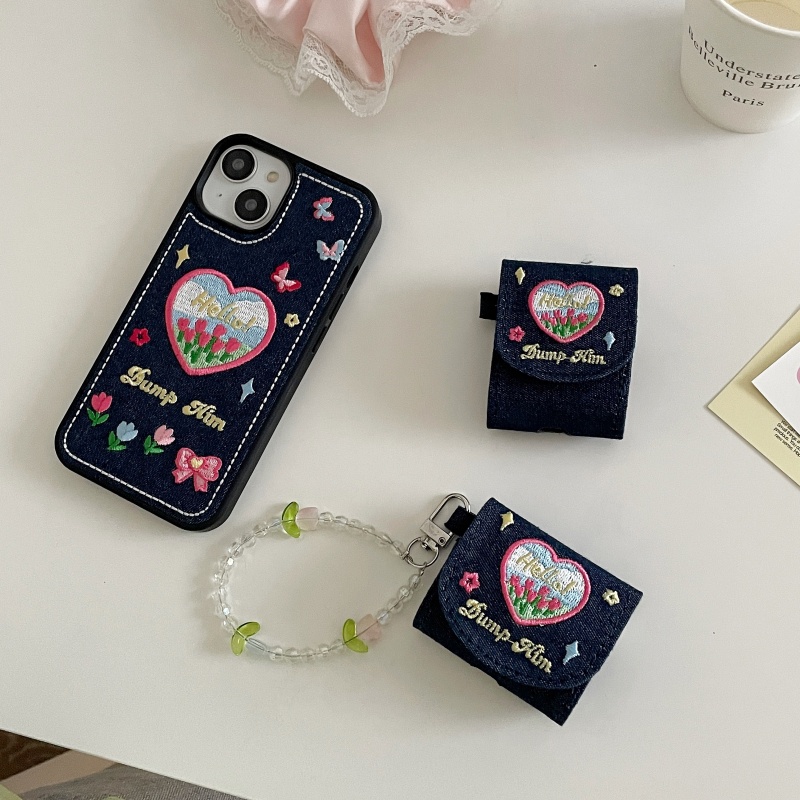 Vỏ Bảo Vệ Hộp Sạc Tai Nghe AirPods 1 2 3 4 Pro inPods i12 Bluetooth Không Dây Chất Liệu Denim + Silicon Mềm Chống Sốc Thêu Hình Hoa Tulip