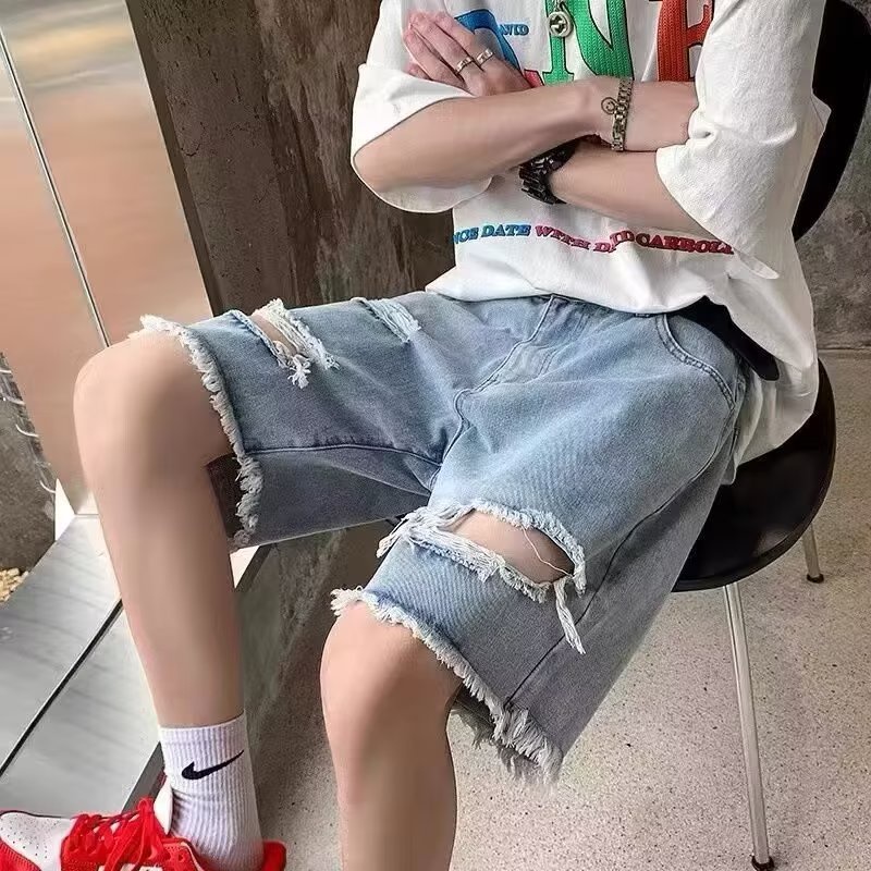 Quần Short Denim Ống Rộng Phối Rách Thời Trang Theo Phong Cách Hip Hop