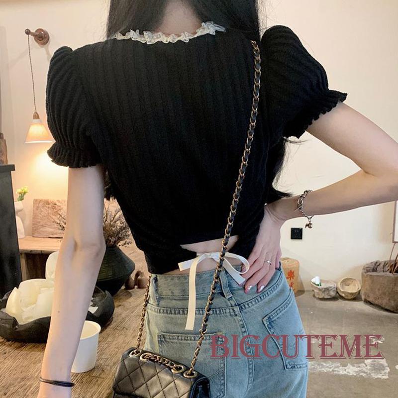 Áo Croptop Cổ Vuông Tay Ngắn Phồng Phối Ren Thời Trang Mùa Hè Phong Cách Hàn Quốc Cho Nữ